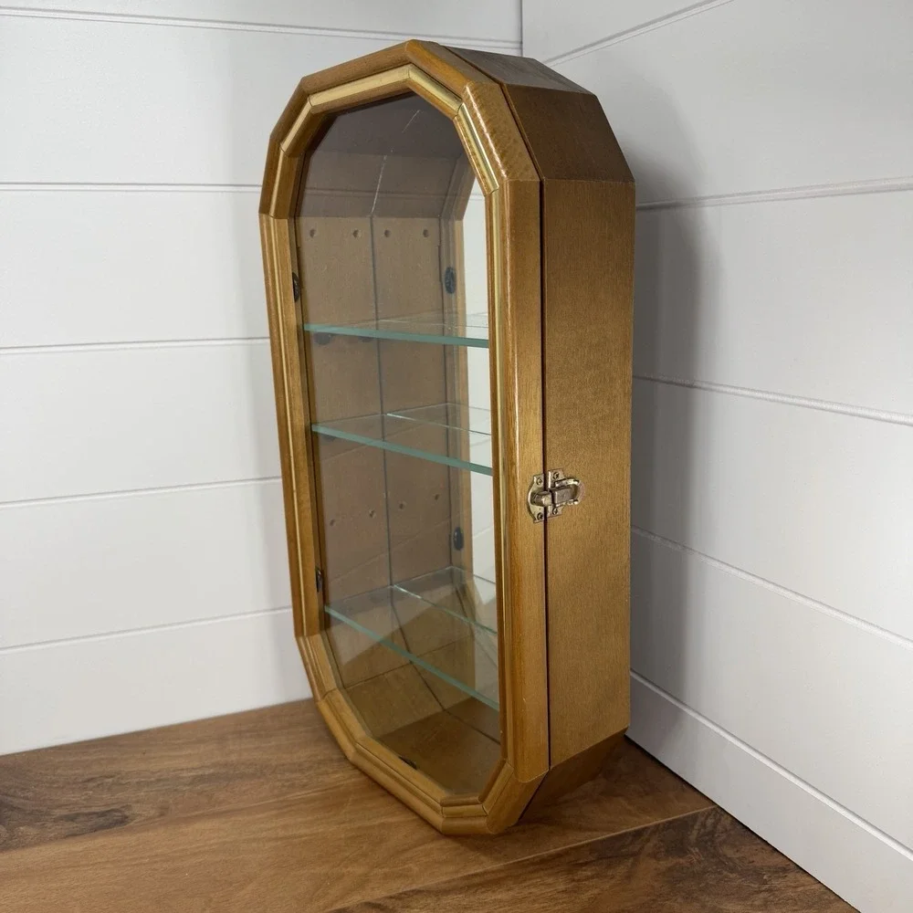 VTG Wood Glass Mirror Octagonal Trinket Cabinet Wall Hanging Curio Shelf 80s 90s
